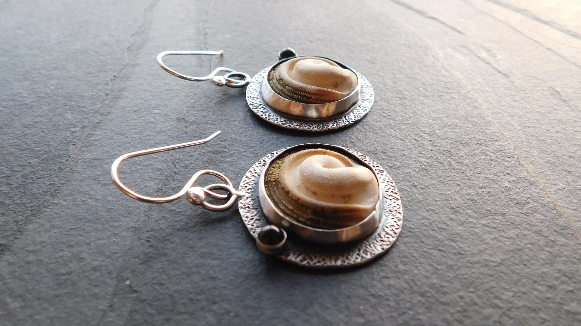 Operculum Shell Dark Green Tourmaline Textured Sterling Silver Dangle Earrings
