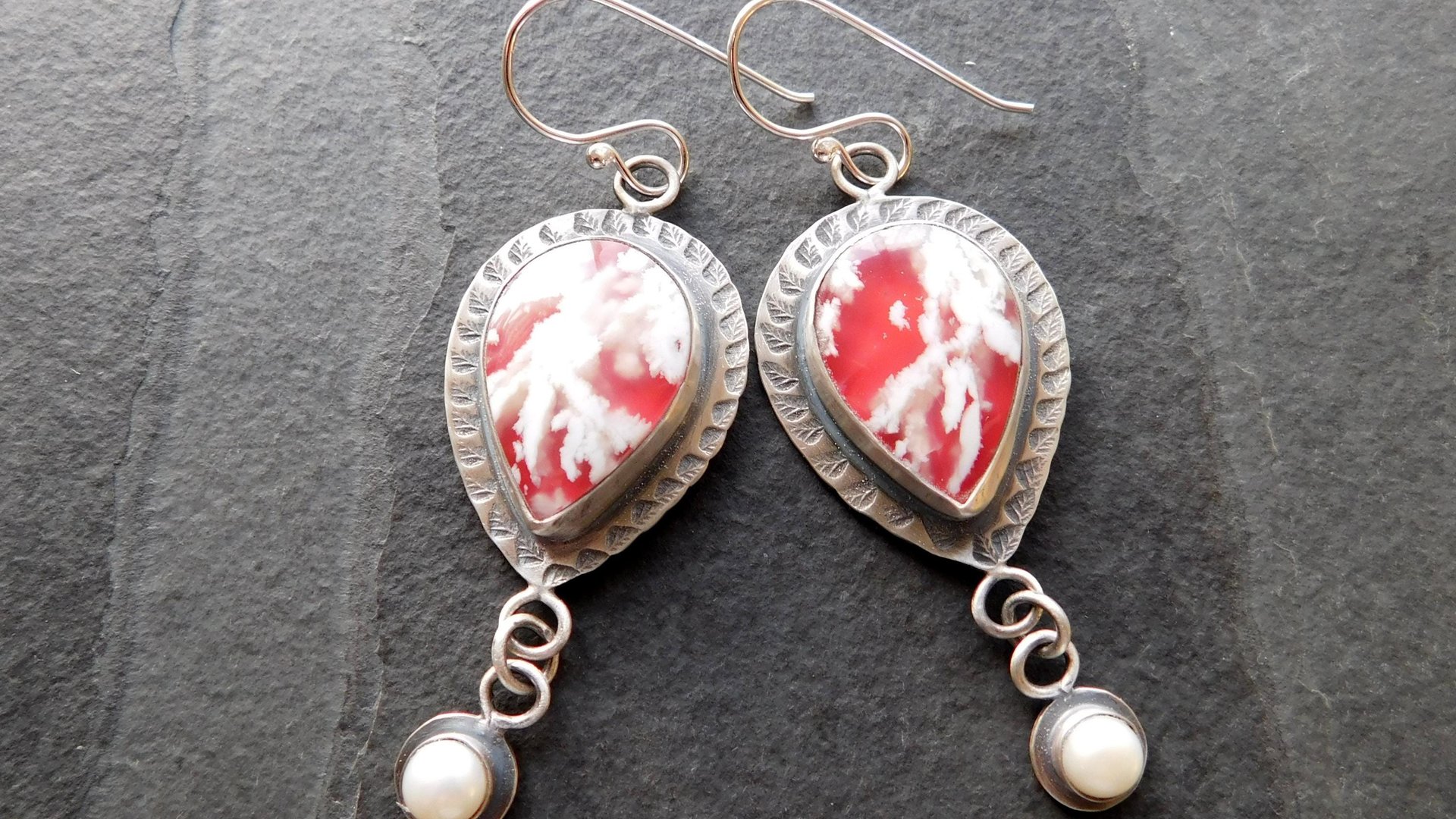 Red White Feather Plume Agate Doublet Freshwater Pearl Dangle Stamped Sterling Silver Earrings