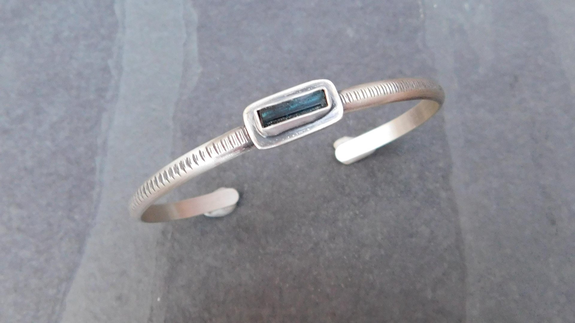 Deep Teal Indicolite Tourmaline Raw Crystal Textured Line Sterling Silver Skinny Stacking Cuff Bracelet