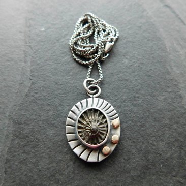 Pyritized Ammonite Negative Stone Stamped Sterling Silver 14k Gold Mixed Metal Pendant Necklace