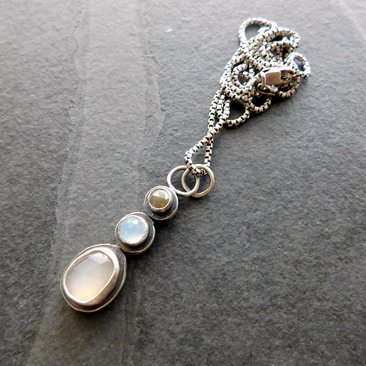 Grey Moonstone Aquamarine Grey Diamond Multi Stone Oxidized Sterling Silver Pendant Necklace