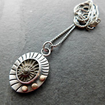 Pyritized Ammonite Negative Stone Stamped Sterling Silver 14k Gold Mixed Metal Pendant Necklace