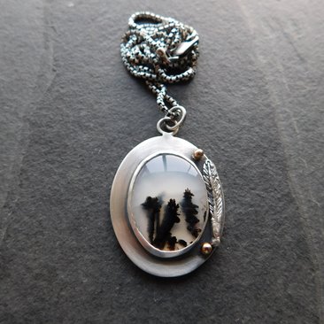 Dendritic Agate Feathers Oxidized Sterling Silver 14K Gold Mixed Metal Pendant Necklace