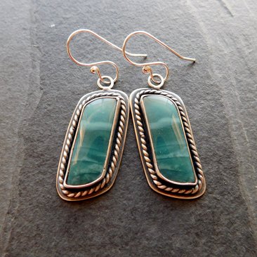 Teal Green Imperial Jasper Ocean Scene Stone Sterling Silver Dangle Earrings