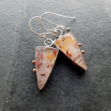 Gold Rust Confetti Chrysocolla Malachite With Copper Stone Oxidized Sterling Silver 14K Gold Accent Earrings