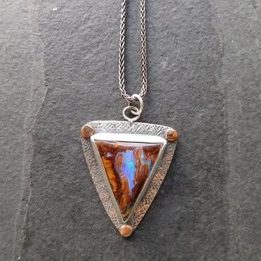 Australian Boulder Opal Textured Sterling Silver 14K Gold Mixed Metal Pendant Necklace