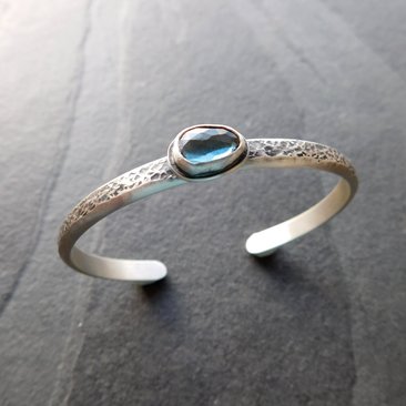 London Blue Topaz Heavy Textured Sterling Silver Stacking Cuff Bracelet