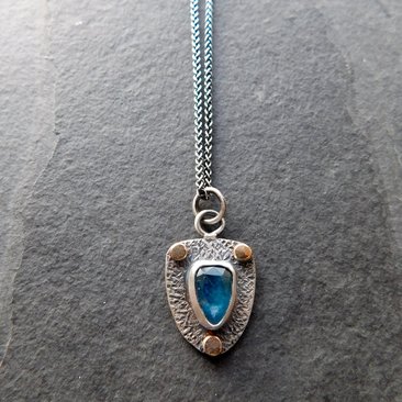 Neon Blue Kyanite Textured Sterling Silver 14K Gold Mixed Metal Small Shield Pendant Necklace