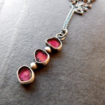 Natural Deep Pink Fuchsia Tourmaline Slice Multi Stone Sterling Silver Minimalist Pendant Necklace