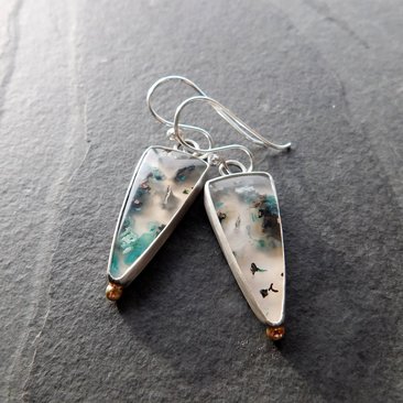 Chrysocolla Malachite With Copper Confetti Stones Sterling Silver 14K Gold Accent  Dangle Earrings