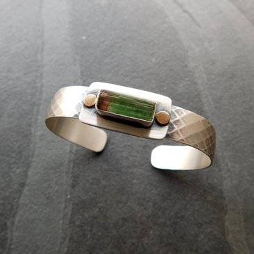 Deep Green Tourmaline Raw Mineral Oxidized Sterling Silver Diamond Patterned Cuff Bracelet
