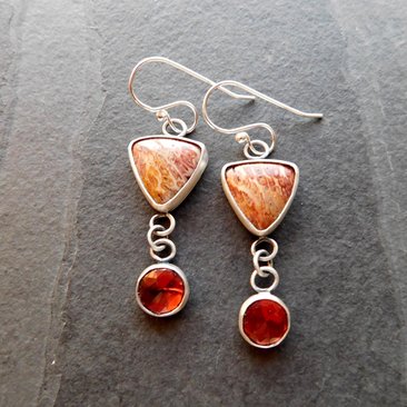 Rust Red Gold Petrified Fern Stones Garnet Dangles Oxidized Sterling Silver Earrings