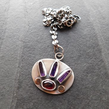 Amethyst Quartz Crystal  Point Garnet Sterling Silver 14K Gold Mixed Metal Multi Stone Pendant Necklace