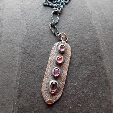 Spinel Shades of Violet Multi Stone Textured Sterling Silver 14K Gold Accent Pendant Necklace