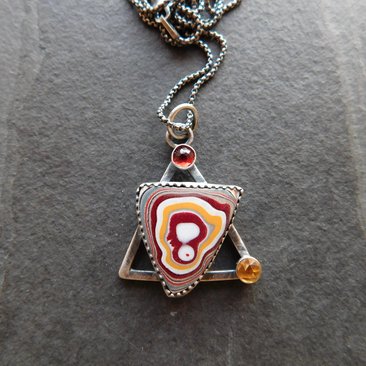 Red Yellow Fordite Detroit Agate Garnet Citrine Oxidized Sterling Silver Modernist Asymmetrical Pendant Necklace