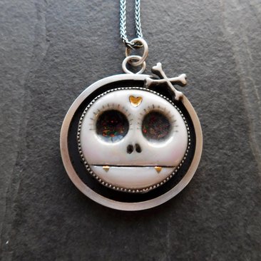 Porcelain Sugar Skull Oxidized Sterling Silver Pendant Necklace